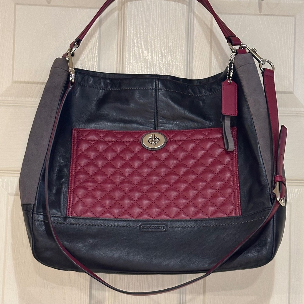 Coach Madison Quilted Leather Hobo Bag Black Burgundy Grey F1394-24981